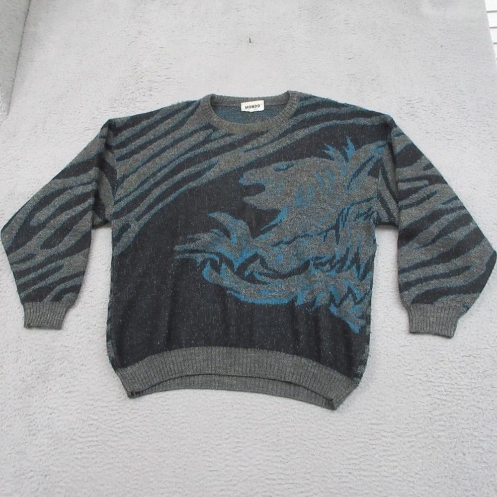 Vintage Mondo Italy Men XL Wool Dragon Zebra Graphic Sweater 80s 90s Hip Hop